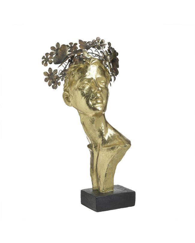 Skulptur Gesicht Gold Blumen Kopfschmuck