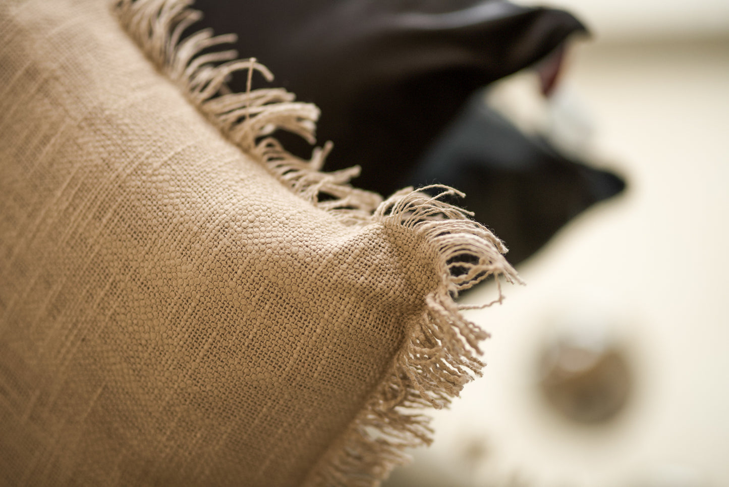 Fringed cushion with pillowcase in beige woven linen 45x45 cm